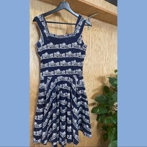 Full circle skirt dress with Moulin Rogue motif print